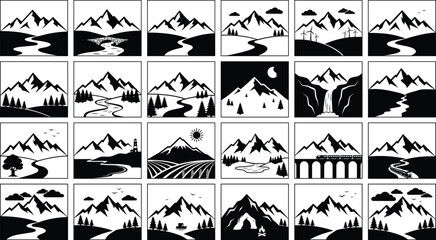 Fototapeta premium Collection of mountain silhouette icons showing diverse outdoor scenery for travel and adventure branding vector illustration