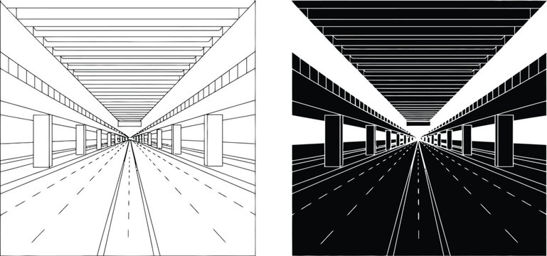 Simple linear and filled graphic collection featuring an urban underground road underpass with pillars and lane markings.