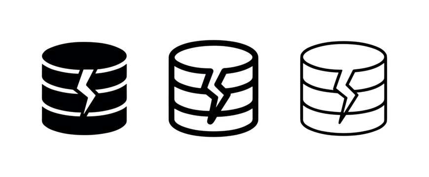 Broken database icon set, symbolizing data corruption, server failure, storage error, or system crash.