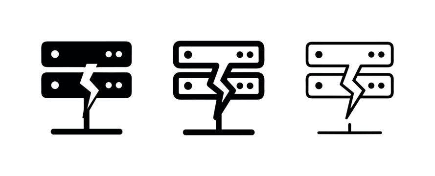 Broken server rack icon set, symbolizing server downtime, network failure, data center issue, or IT problems.