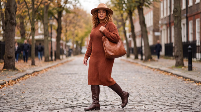 Woman walking on a cobblestone street during autumn, wearing a rust colored dress, hat, and boots, carrying a woven bag