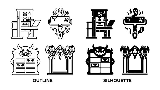 Spooky Icons Set: A collection of stylized icons featuring haunted house elements, including a creepy desk with a ghost, a spooky cabinet with devilish eyes, and gothic architectural designs.