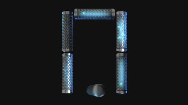 A drag and drop overlay letter that is made up from animated metallic tubes that pulsate and rotate.
