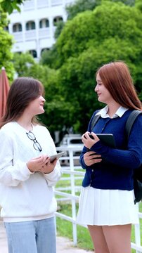 Woman tablet smartphone student campus park friend uniform technology education outdoor learning conversation green college path with backpack notebook cheerful smile near school building