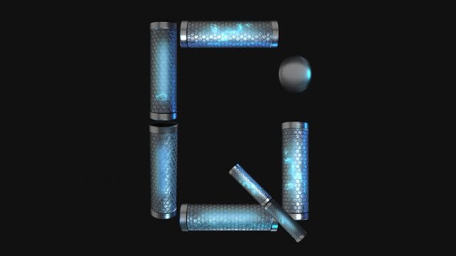 A drag and drop overlay letter that is made up from animated metallic tubes that pulsate and rotate.
