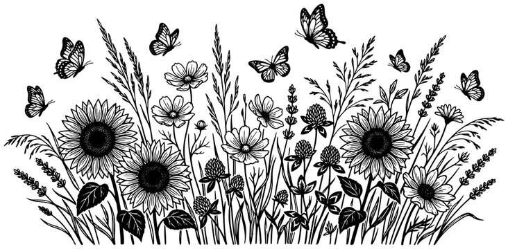 Black and white wildflower meadow border with sunflowers and butterflies vector illustration for nature design