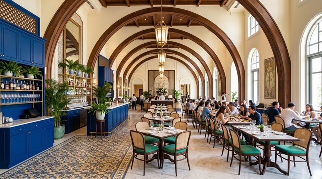 People enjoy a dining experience inside a restaurant featuring historic wooden arches high ceilings and traditional tiled flooring with a vibrant blue beverage service area for guests and