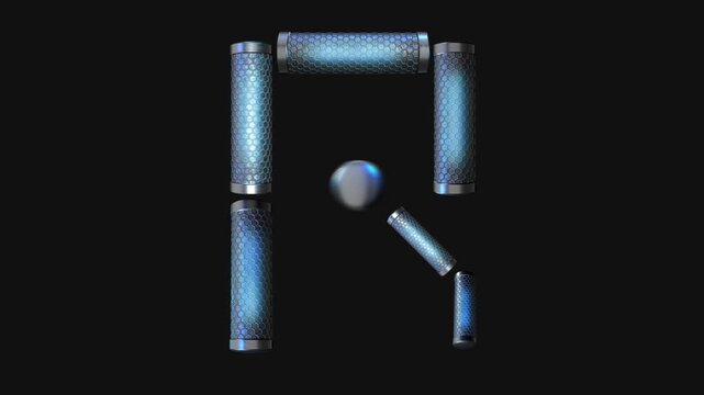 A drag and drop overlay letter that is made up from animated metallic tubes that pulsate and rotate.
