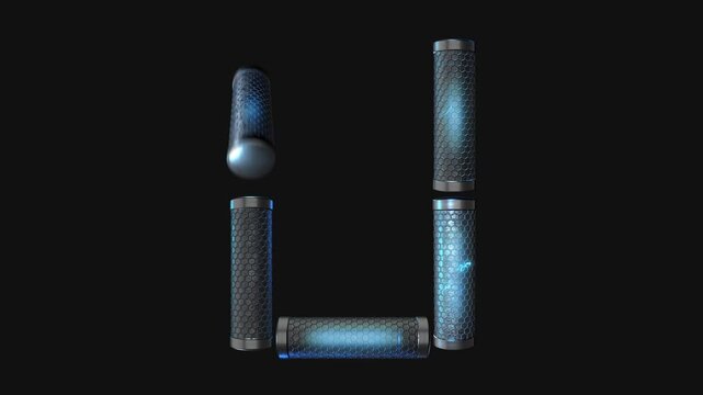 A drag and drop overlay letter that is made up from animated metallic tubes that pulsate and rotate.
