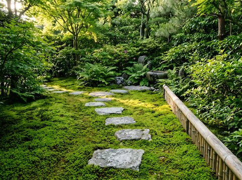 Japandi Moss Garden Path with Limestone Steppers and Bamboo Border