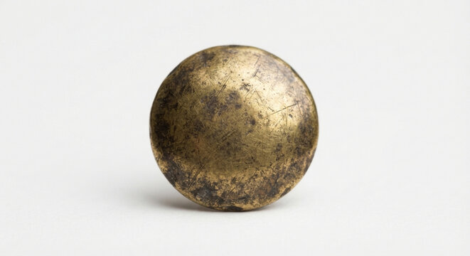 Aged scratched brass upholstery tack nail head on a white background