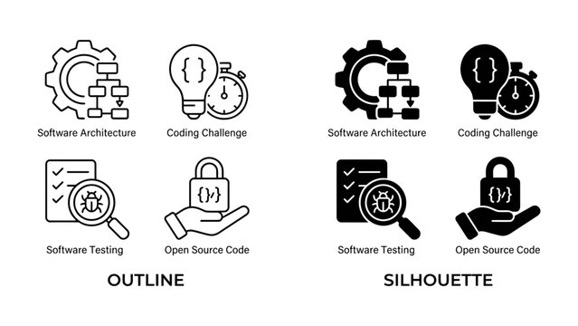 Technology and Coding Icons: A collection of graphic icons illustrating software architecture, coding challenge, software testing, and open source code.