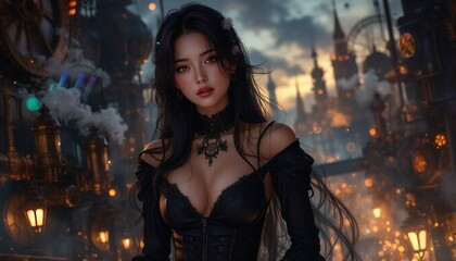 Fototapeta premium beautiful girl wearing black dress in steampunk city