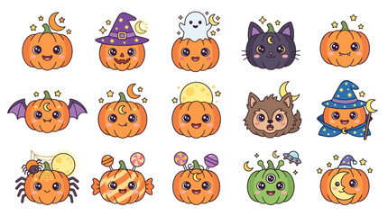 Fototapeta premium Halloween Themed Cute Cartoon Pumpkin Faces.