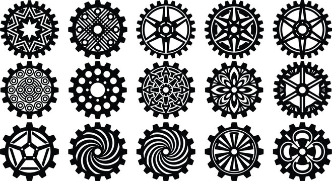 Industrial gear silhouette icon collection with mechanical cogwheels machinery engineering parts and decorative geometric clockwork wheel vector elements