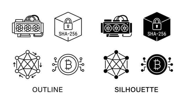Cryptocurrency Mining and Blockchain Icons: A set of clean, modern icons representing cryptocurrency mining hardware, SHA-256 encryption, a network graphic, and a Bitcoin symbol.