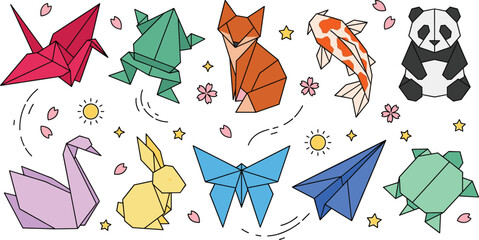Naklejka premium Japanese Origami Animal Vector Set with Colorful Paper Craft Figures Including Crane, Fox, Panda, and Swan for Creative Graphic Designs and Apps