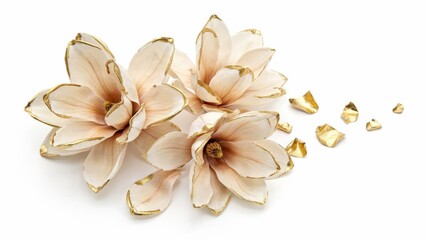 Fototapeta premium Elegant porcelain flowers with gold edges, luxury ceramic floral arrangement on white background, decorative cream blossoms