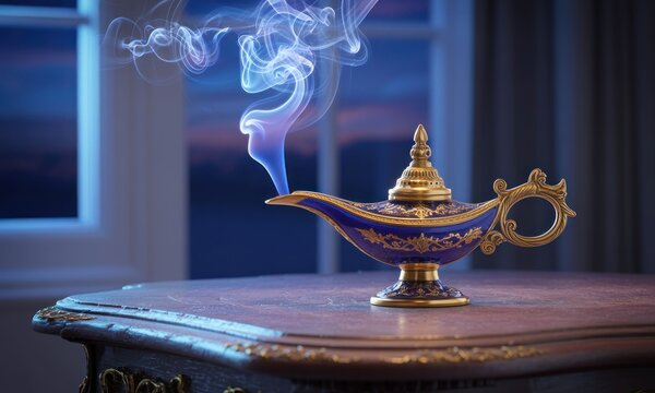 A detailed view of a vintage-style magic lamp.  Smoke curls from the lamp, leading to an evening window view