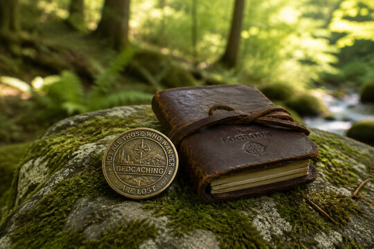 Weathered brass geocoin and leather logbook on mossy stone in sunlit forest.