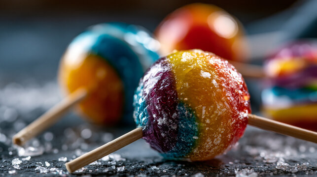 Colorful round hard candy lollipops on wooden sticks covered in sugar crystals