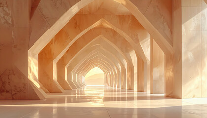 Fototapeta premium Illuminated abstract architectural hallway with arches and soft desert light