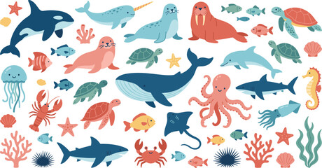 Cartoon sea life collection with marine animals and coral reefs. © MDSOUROV