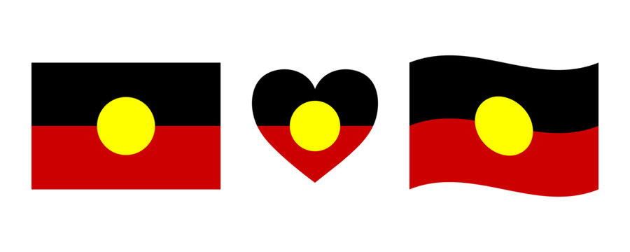 Australian Aboriginal flag vector set. Red, black, and yellow national indigenous symbol in rectangular, heart shape, and waving flag icons isolated on white background.