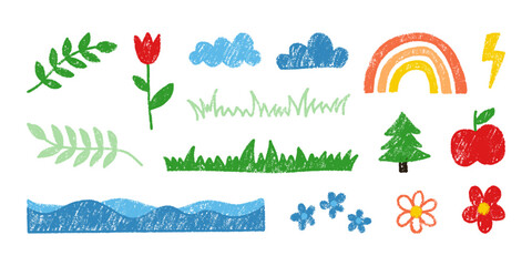 Fototapeta premium Hand drawn colorful chalk crayon nature elements set. Cute wax pencil illustration of rainbow, sun, clouds, tree, flowers, leaves, grass, and apple isolated on white background for kids design.