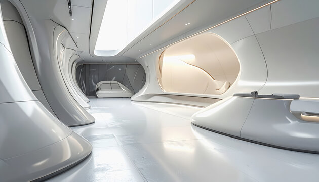 Futuristic interior with organic curved architecture, white and gray tones, and soft lighting