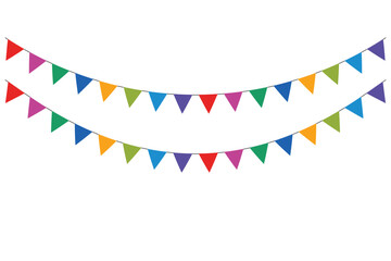 Obraz premium Colorful triangular pennant flags hanging on two parallel strings isolated against a clean white background for festive celebration decoration