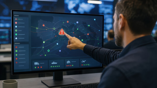 Freight forwarding software interface displays global logistics alert with man pointing at warning symbol on digital map screen