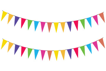 Obraz premium Colorful triangle bunting pennants hanging festive decorations for birthday party celebration and carnival event graphic element isolated on white background