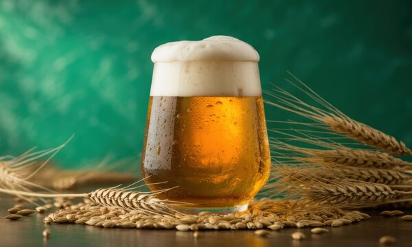 A glass of light amber beer, topped with a frothy head, sits amidst barley grains and wheat stalks, set against a teal-green backdrop