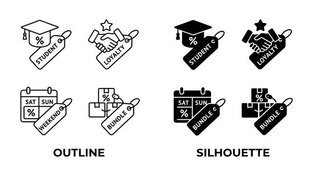 Sale and Discount Icons: A collection of stylized icons representing various sales and discount concepts, including student discounts, loyalty rewards, weekend sales, and bundle offers.