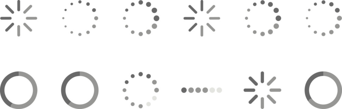 Gray Loading Spinner and Progress Indicator Icon Set with Buffering, Wait, and Preloader Symbols for Websites, Apps, and UI Interface Designs