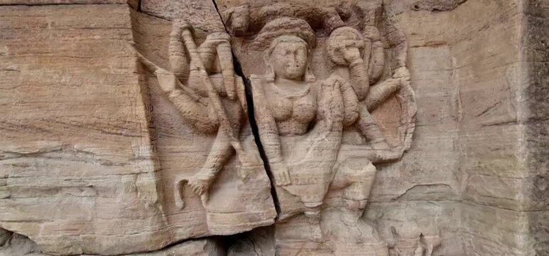 Historic Gupta Period Carved Stone Relief of Divine Goddess Figurines at Udayagiri Caves Vidisha