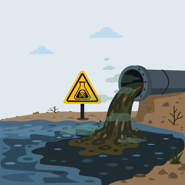 Industrial pipe discharges dark wastewater into water reservoir as toxic chemical fumes rise above stream, yellow warning sign, environmental damage, ecological crisis, industrial activity, vector