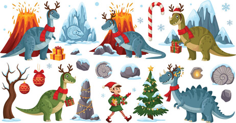 Cute Christmas dinosaur vector element set featuring prehistoric t-rex triceratops with reindeer antlers scarfs gifts volcanoes and snow mountains © Salma