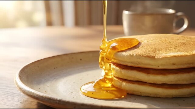 Delicious Honey Dripping Down Fluffy Pancakes Stack Close Up Breakfast