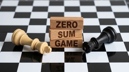 Fototapeta premium Strategic chess pieces positioned around zero sum game wooden block on checkered board with evoking strategic competition balanced interaction