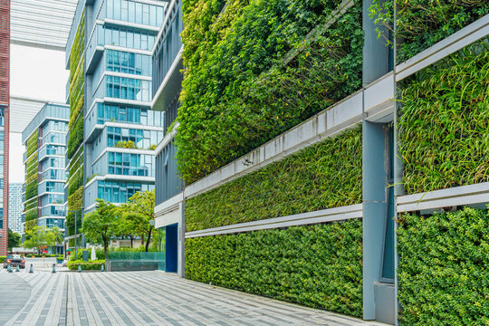 Modern architecture with green wall and landscaped pedestrian space in Shenzhen city, China. Urban greenery integrated in contemporary building, vertical garden, sustainable development