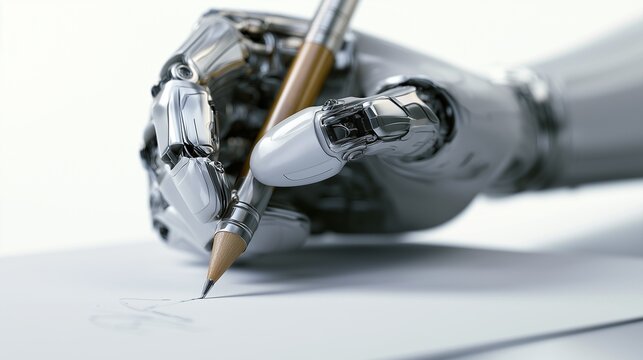 Close-up of a bionic hand writing with a pencil on paper, artificial intelligence concept,  white background