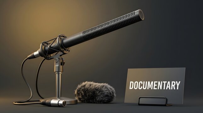 Shotgun microphone, documentary and audio recording equipment for film production, journalism and broadcasting. Professional gear, sound engineering and podcasting tools with mic stand and sign.