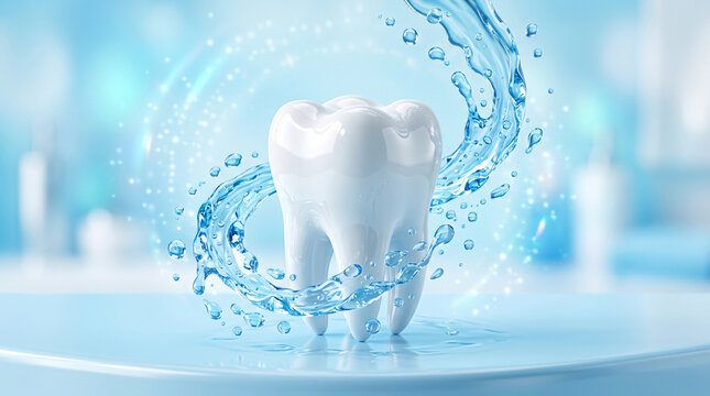 Shiny white tooth model surrounded by swirling blue water drops in a fluoridation scene, oral care concept