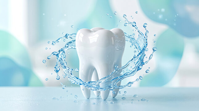 Shiny white tooth model surrounded by swirling blue water drops in a fluoridation scene, oral care concept