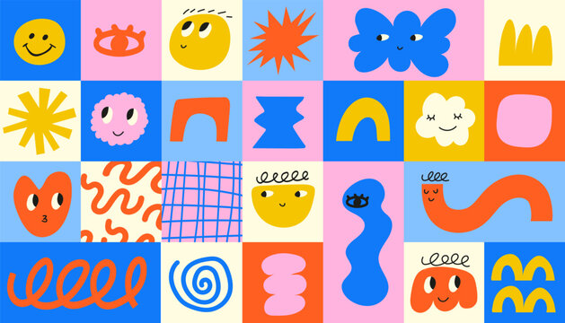 Abstract geometric character face shapes seamless pattern. Hand drawn trendy. Vector illustrations
