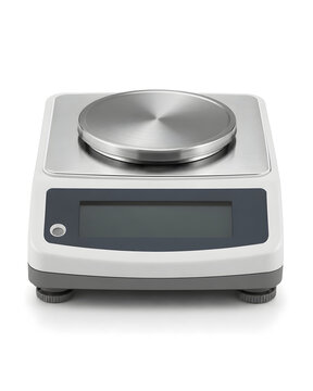 Ultra realistic top-loading laboratory balance with stainless steel weighing platform and blank digital display, isolated on a pure white background for scientific applications.