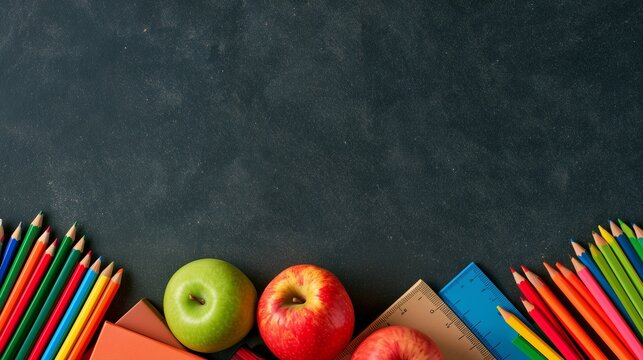 School supplies bottom border banner on chalkboard, top view education