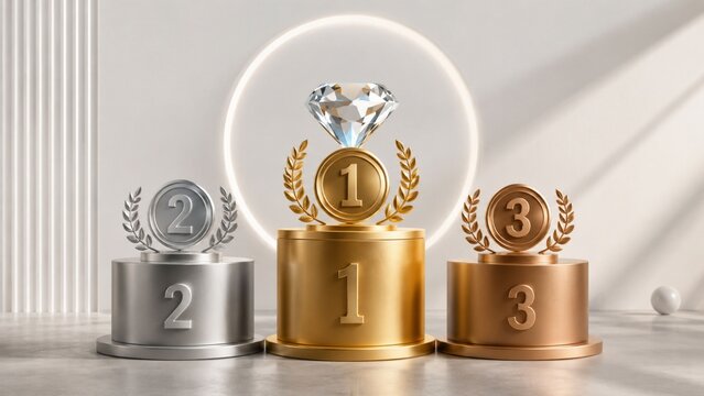 3D rendering of winner podium with gold silver and bronze medals diamond achievement and business success concept.